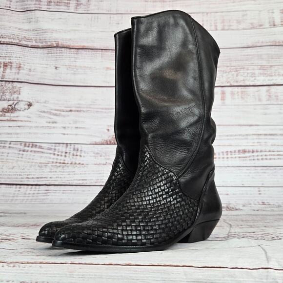Architect Black Leather Ellis Boots Size 6.5M Pull on Woven Mixed Weave Western - Picture 1 of 10